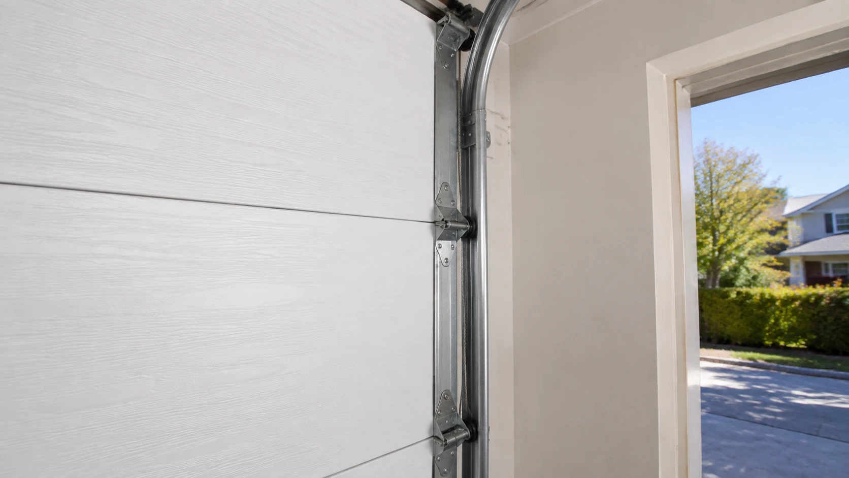 Belmont garage door repair hardware showing tracks, rollers, hinges, and sectional door parts